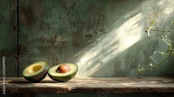 Fototapeta Halved Avocado on Wooden Table with Sunlight and Rustic Green Background