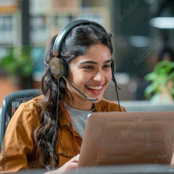 Fototapeta Happy Indian call center agent wearing headset talking to client working in customer support office. Professional contract service telemarketing operator using laptop having conversation. Candid shot