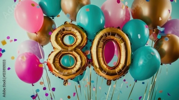 Obraz Celebration of 80th birthday with colorful balloons, gold number balloons, party confetti, festive decor, joyful party atmosphere, milestone birthday celebration.