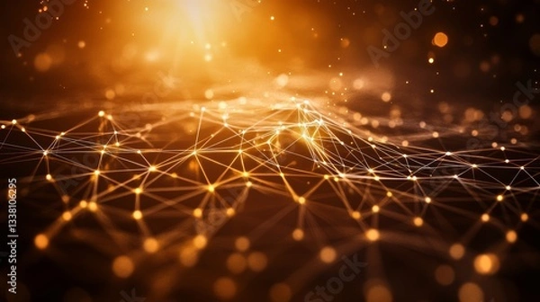 Fototapeta Abstract glowing dots lines on a dark brown background, for networking and digital connections design background 