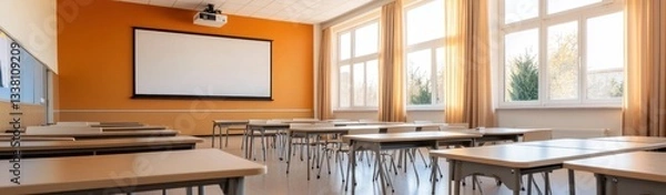Fototapeta Empty classroom with a projector and desks