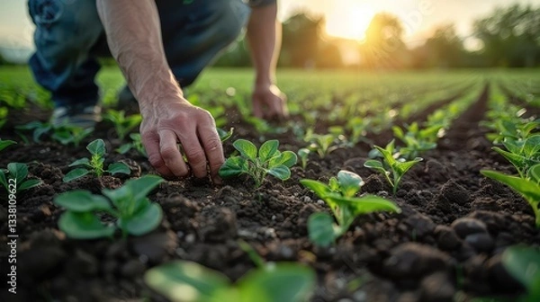 Fototapeta A man is planting seeds in a field
