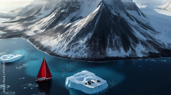 Obraz red sailboat next to iceberg