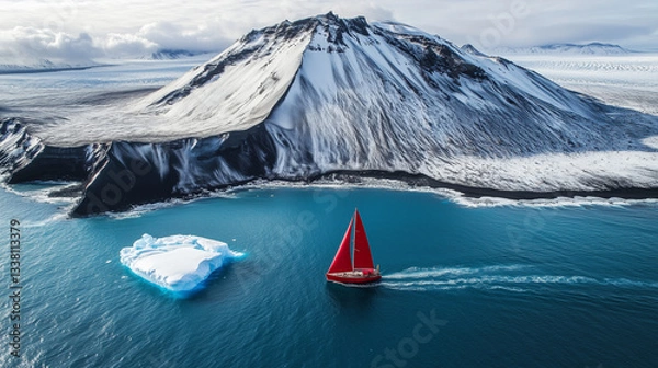 Obraz red sailboat next to iceberg