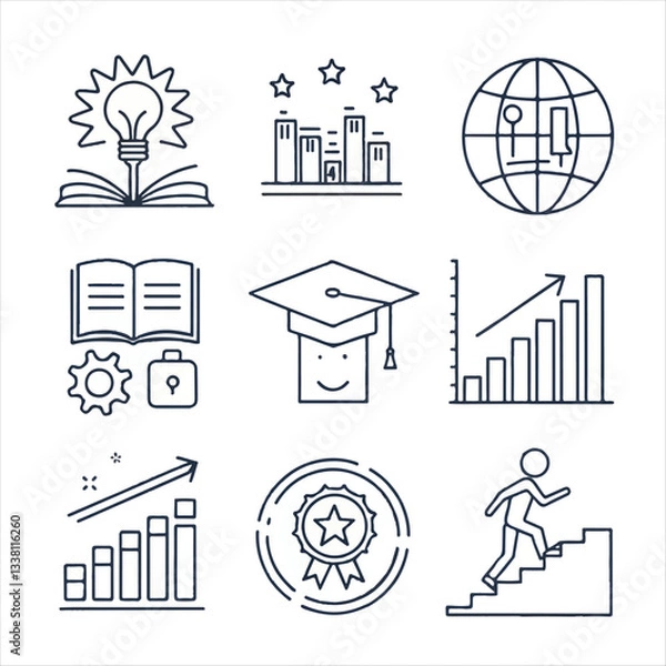 Fototapeta Set of line icons related to upskill, upskilling, personal growth, development, education, career. Editable stroke. Vector silhouette.