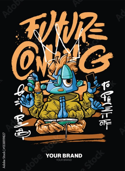 Fototapeta Future Coming A dynamic graffiti character illustration with layered shapes and a 3D depth effect, bringing an energetic and eye-catching urban look. Ideal for T-shirt graphics, street art-inspired br