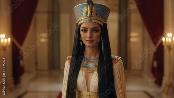 Obraz Ancient Egyptian Queen in Regal Attire Standing in Grandeur Palace Interior