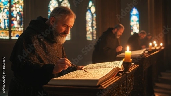 Obraz Medieval Monk Scribing Illuminated Manuscript by Candlelight in a Tranquil Monastery Setting