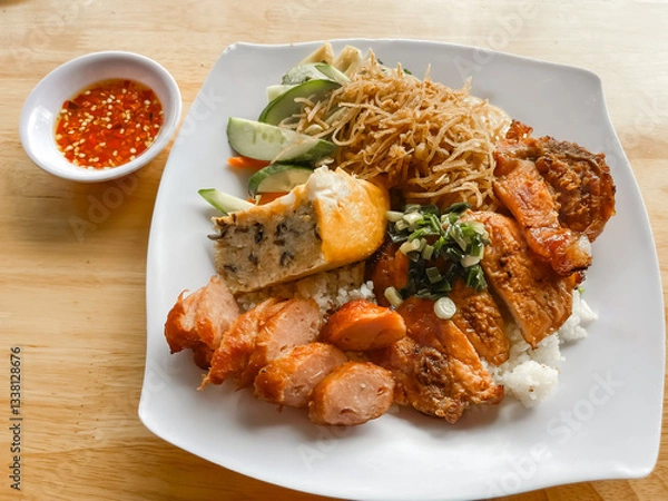 Fototapeta A plate of Vietnamese broken rice (Cơm Tấm) with grilled pork, shredded pork skin, steamed egg meatloaf, pickled vegetables, and chili fish sauce on the side