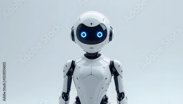 Fototapeta Minimalist white robot with blue eyes, sleek and futuristic design, clean lines, simple and elegant.