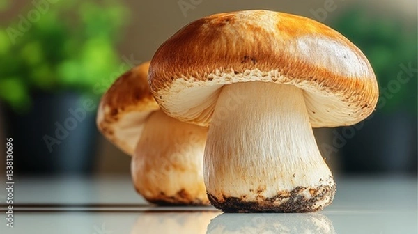 Fototapeta Two mushrooms are sitting on a table. One is larger than the other. The mushrooms are brown and have a slightly burnt appearance