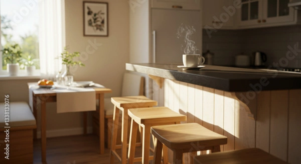 Fototapeta a cozy dining nook in a kitchen with a breakfast bar and bar stools morning coffee