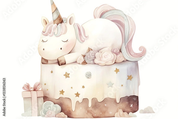 Obraz Enchanting pastel unicorn cake with dreamy rose and star accents