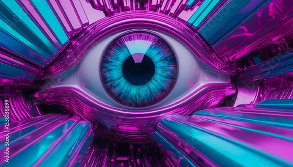 Obraz A digital fractal explosion of blue and green light forms an abstract eye pattern