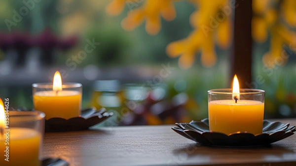 Fototapeta Set of spa candles is placed on a counter with a blurred background of a bright flower garden.