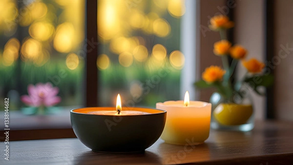 Fototapeta Spa candles on the counter and a bright yellow backdrop.