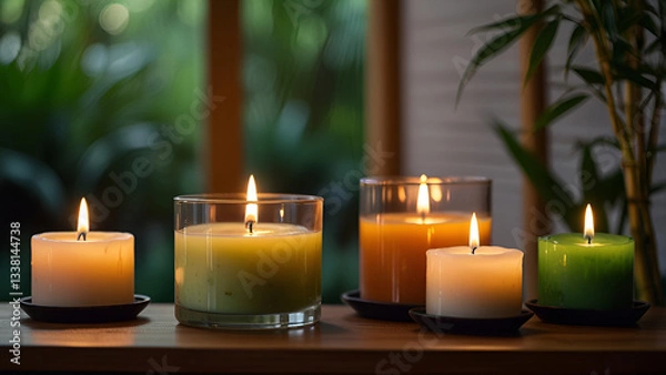 Fototapeta Set of spa candles is placed on a counter with a blurred garden background.