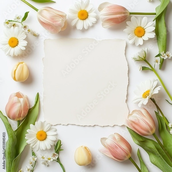 Obraz Blank torn paper with elegant floral frame of tulips, daisies, and greenery on a white background for spring design or message