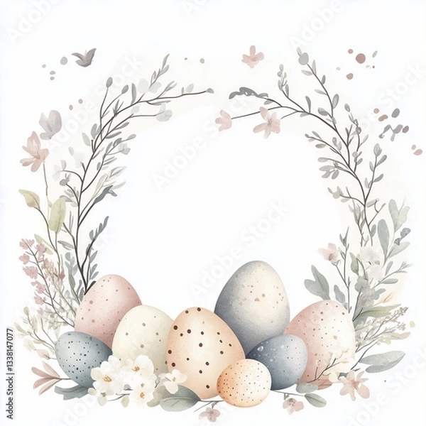 Obraz Elegant watercolor Easter eggs with delicate floral wreath in soft pastel colors on a white background for festive and seasonal designs
