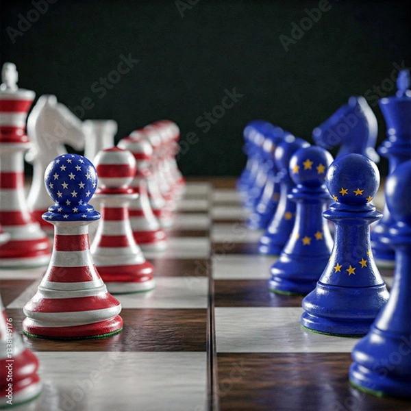 Fototapeta Chess game with figures representing the United States and the European Union as a concept of antagonism in political and economic matters