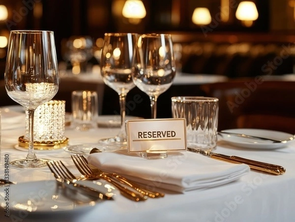 Obraz Elegant dining table set for a special occasion, showcasing reserved seating.