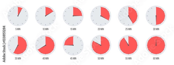 Fototapeta Countdown timer, clock, stopwatch vector icons set. Full rotation arrow timer. 5 minute to 1 hours stopwatches. Collection of timers in flat style isolated on white background. Vector illustration.