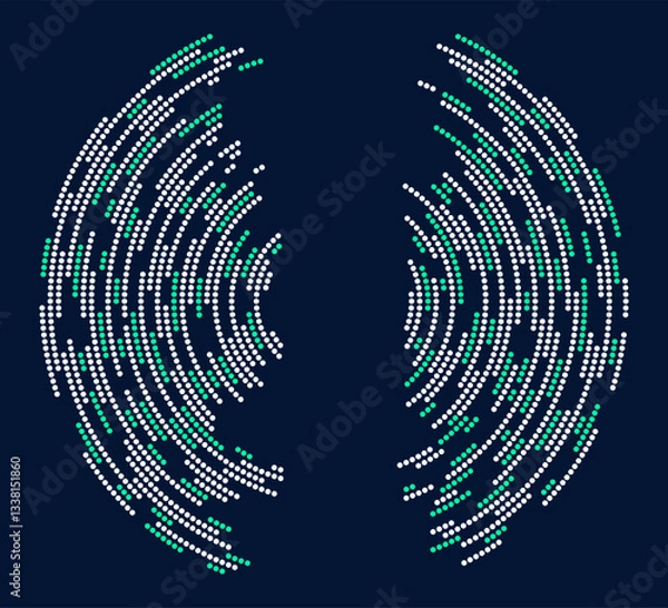 Fototapeta Concentric segments of dotted circles. Lines following a circle path. Design element. Abstract geometric white and turquoise dotted curves isolated on blue background. Vector illustration.