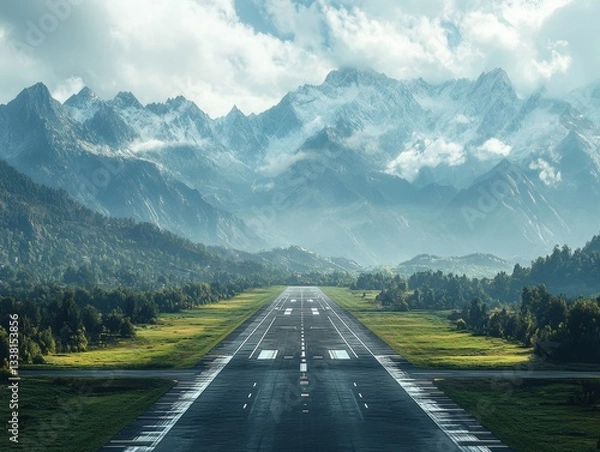 Fototapeta Scenic runway surrounded by majestic mountains.