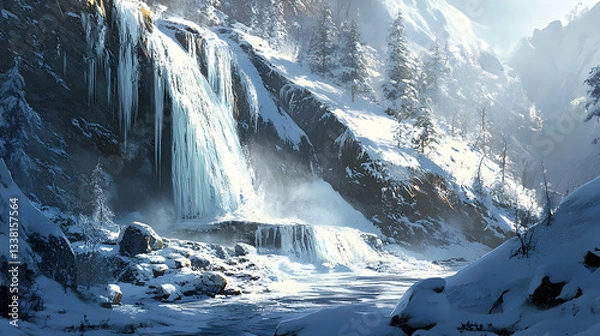 Obraz Frozen Waterfall in a Snowy Mountain Valley