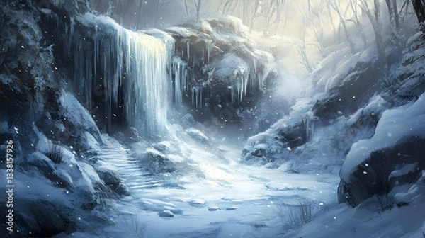 Obraz Frozen Waterfall Winter Pathway Magical Forest Scene
