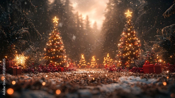 Obraz Illuminated Christmas Trees In Snowy Winter Forest