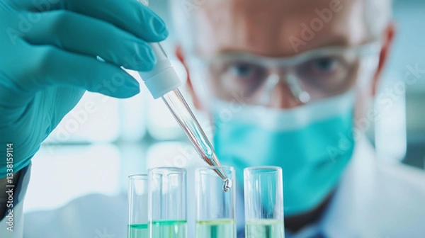 Fototapeta Scientist holding pipette conducting chemical experiment carefully in laboratory, wearing protective gloves and mask, focused on test tubes analysis