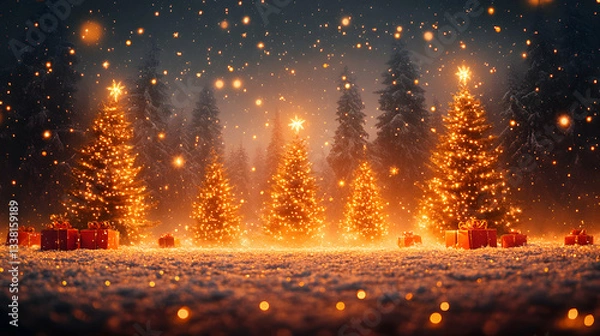 Obraz Illuminated Christmas Trees in a Snowy Winter Forest