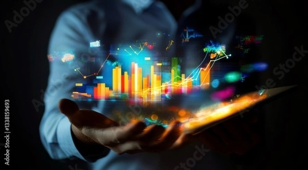 Fototapeta A man is holding a tablet with a colorful image of a city and a graph