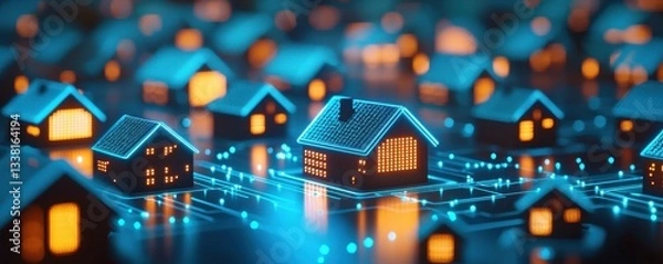 Fototapeta Illuminated miniature houses connected by glowing lines, showcasing digital innovation.