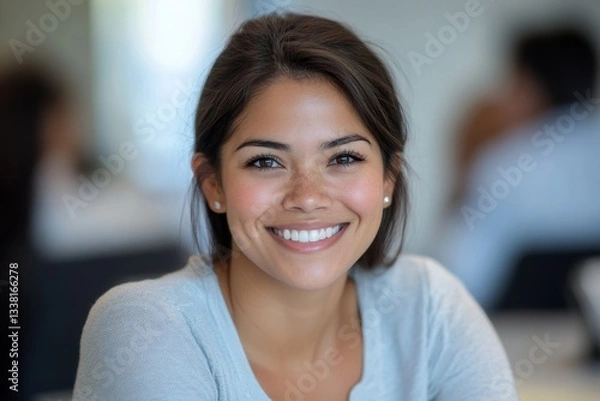 Fototapeta Positive secretary smiling to camera during meeting