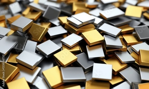 Fototapeta Gold and silver metallic squares piled up abstract background