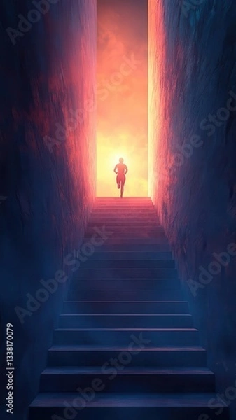 Fototapeta A person running up stairs towards a bright light flat design side view personal growth theme 3D render colored pastel