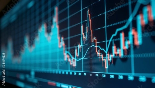 Fototapeta Detailed financial graph on a computer screen showcasing market trends, analytical and professional environment, copy space