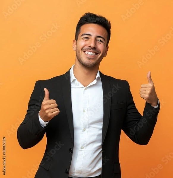Fototapeta Young hispanic man wearing business clothes cheerful with a smile on face pointing with hand and finger up to the side with happy and natural expression
