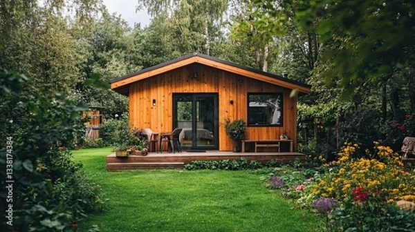 Fototapeta Wooden modern tiny house on a green lawn -