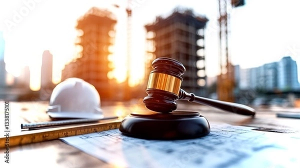 Fototapeta Justice being served with a gavel on a construction site under sunset