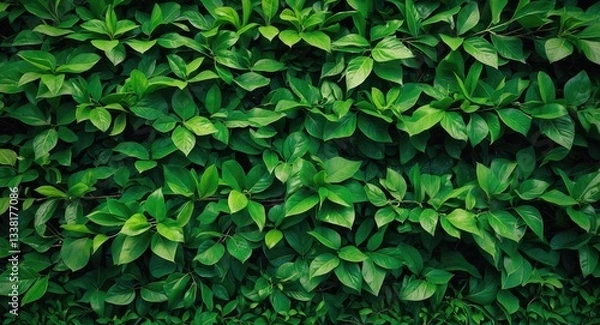 Fototapeta green backdrop created from a tree wall with fresh green leaves