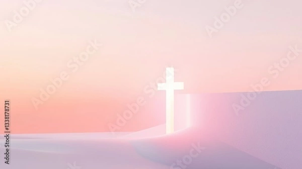 Obraz A minimalist abstract banner with a glowing cross emerging from a soft pastel background, symbolizing resurrection and hope. 