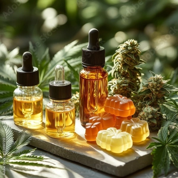 Obraz CBD Gummies and Oils with Cannabis Plants