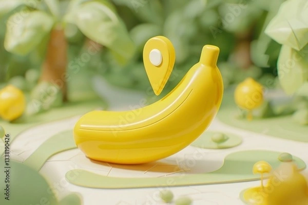 Fototapeta Yellow Banana with Location Pin in a Playful Green Landscape