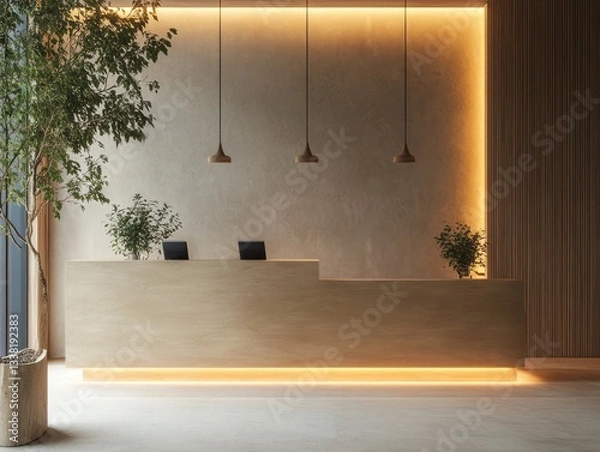 Fototapeta Modern interior design showcases a minimalist reception desk in a lobby