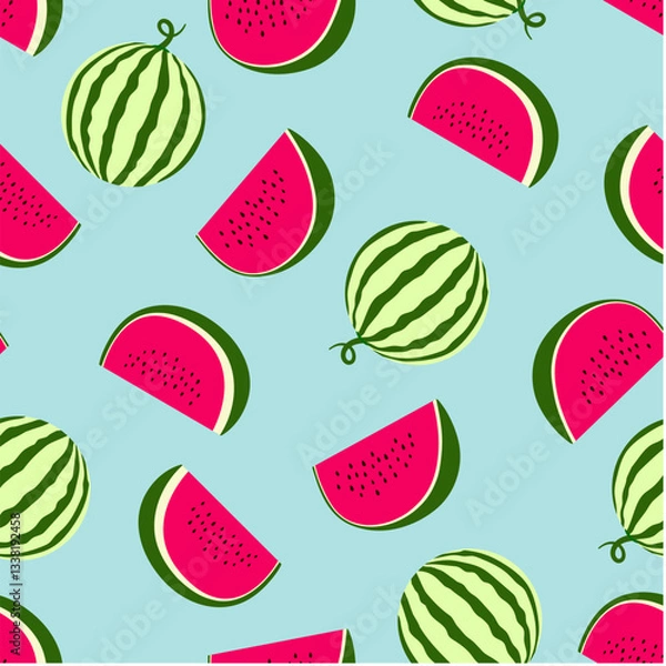 Fototapeta Summer seamless pattern with watermelon. Vector summer illustration. Colorful background in a flat style. Watermelons on a blue background.