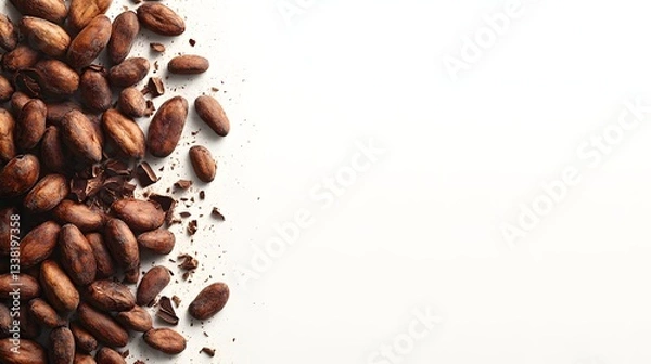 Obraz Cocoa beans and chocolate shavings on white background