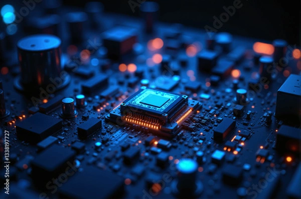 Obraz A close-up view of an advanced processor with neon-lit circuitry, representing future digital innovation.